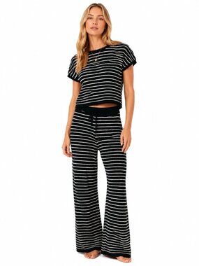 Pact Women's Beachside Crochet Knit Top and Pants SET Navy White Striped Size M